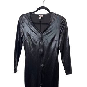 Women's Black Wet-Look Catsuit Jumpsuit Long Sleeve Front Zip Cosplay Costume